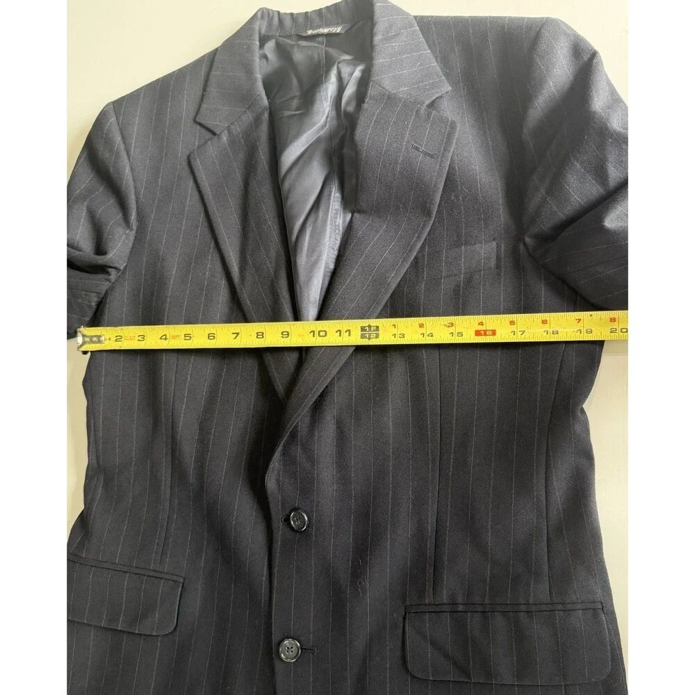 Burberrys Blue Pinstripe Wool Blazer Suit Jacket Sz 38 Vintage 80s USA Made